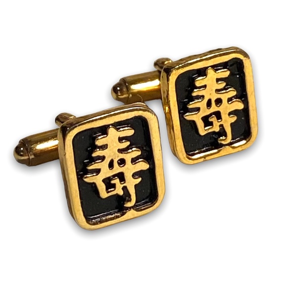Chinese Cufflinks "Life" Symbol Black Gold Toned Jewelry Menswear Mens Mandarin - Picture 1 of 4